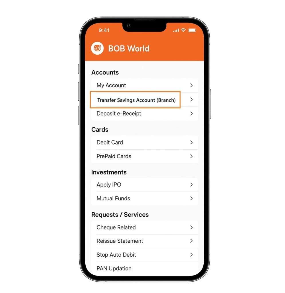 BOB world app for account transfer online for closing account via home branch