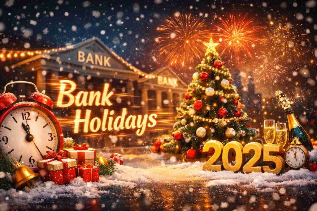 Festive Christmas and New Year themed visual showing bank holidays left in 2025 across India