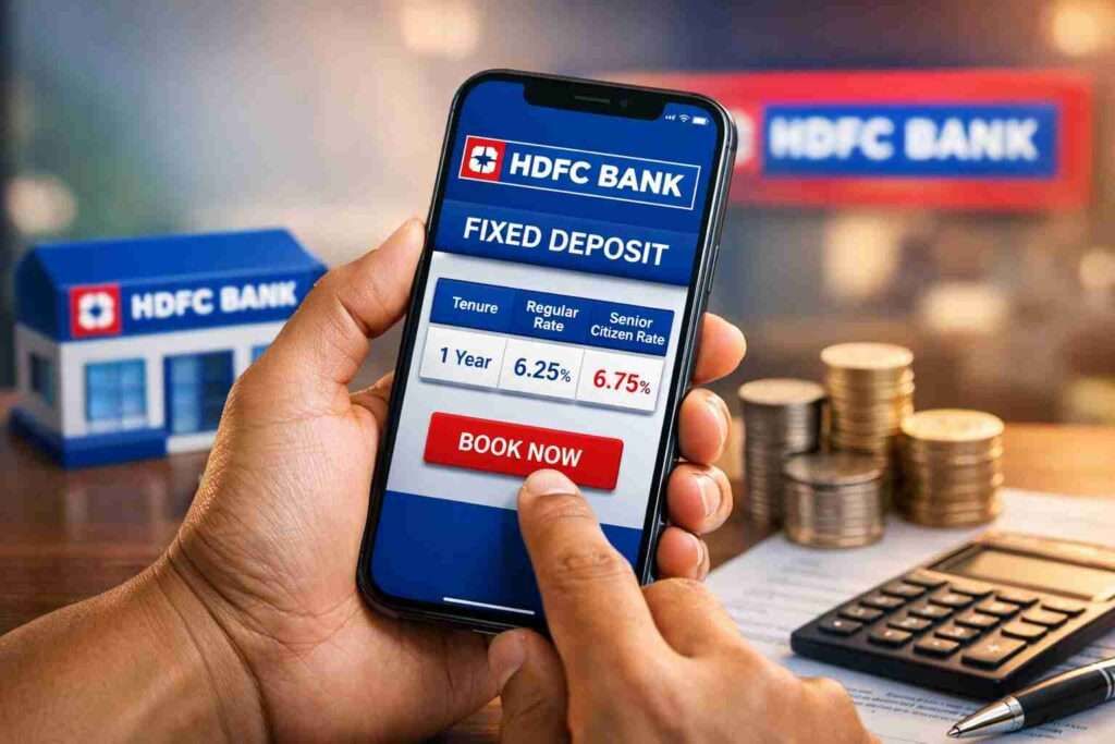 HDFC Bank fixed deposit booking on iPhone showing new FD interest rates for 2025