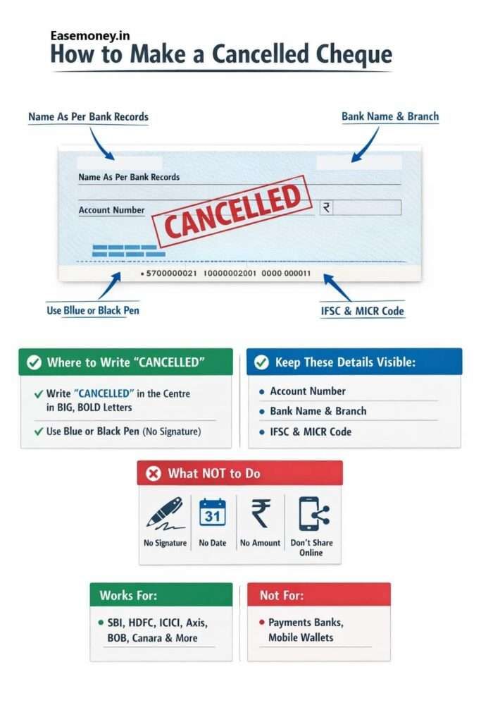Bank account cancel cheque infographic guide