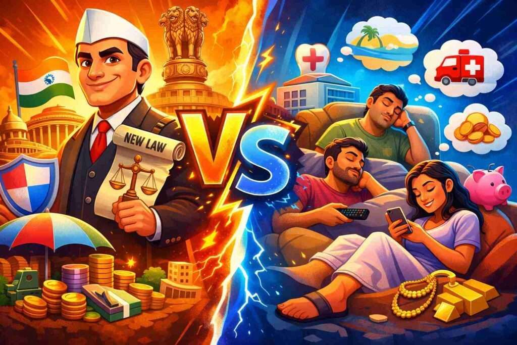 Illustration showing new insurance law 2025 versus low insurance awareness among Indians