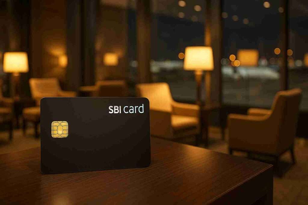 SBI Card displayed in a luxury airport lounge setting