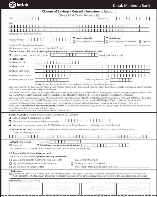 Kotak Account closure Original form Sample PDF screenshot