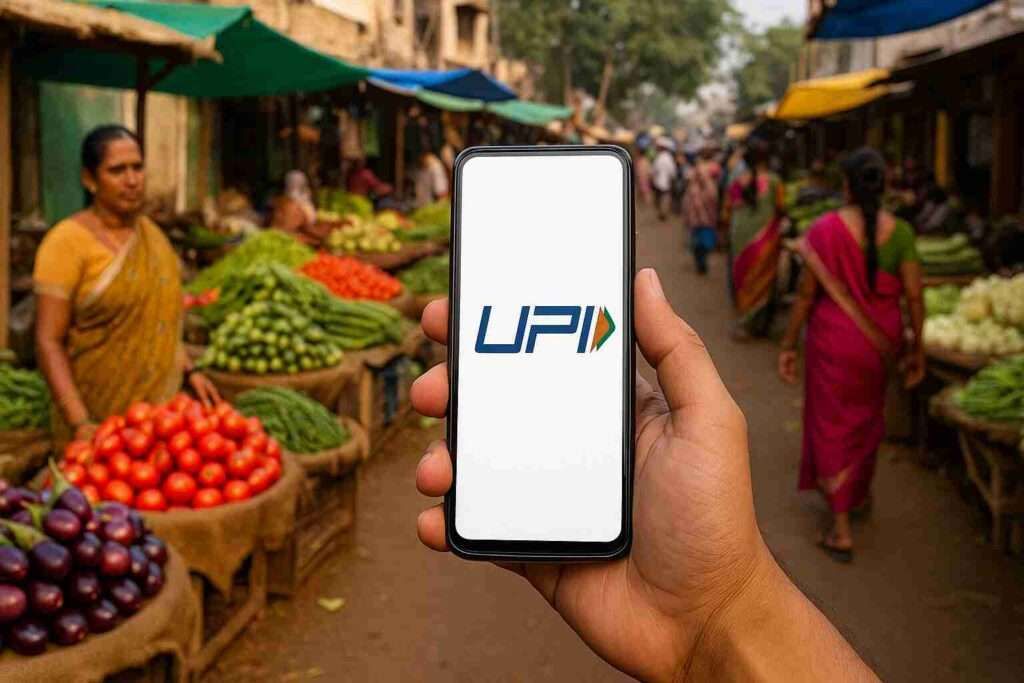 Smartphone using UPI in Indian vegetable market