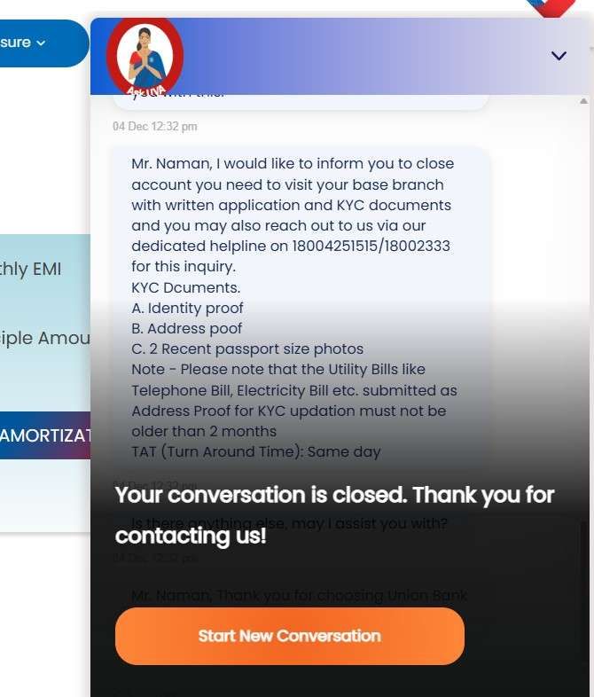 Union Bank Chatbot screenshot for closure request online