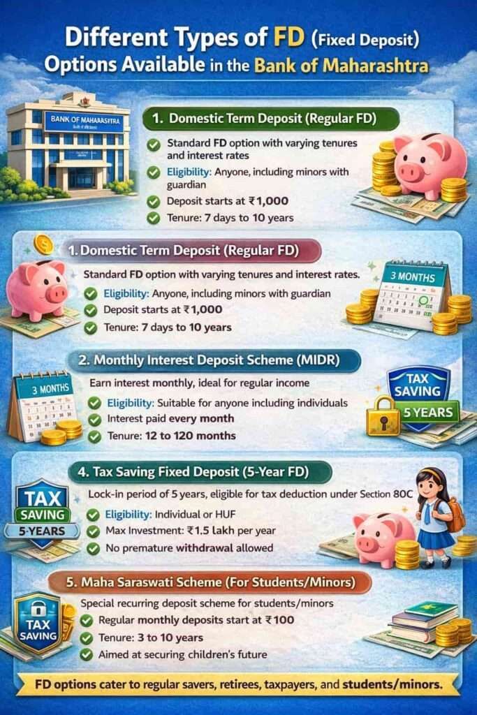 Bank of Maharashtra FD schemes infographic guide