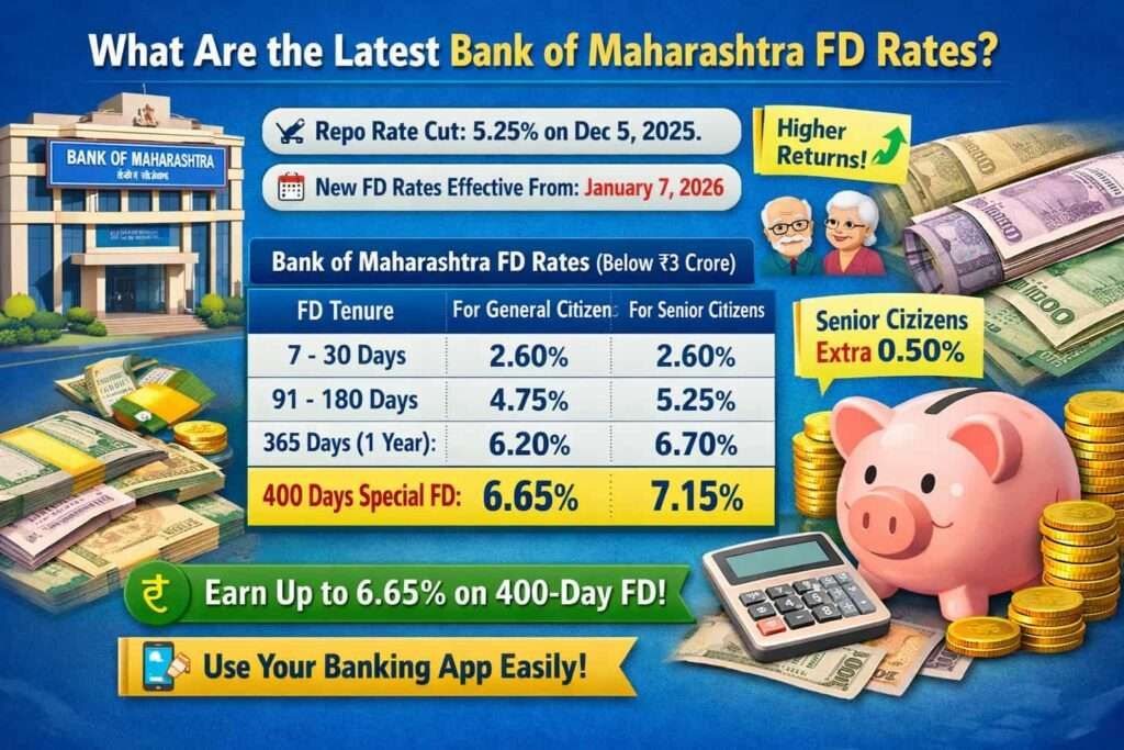 Infographic showing latest Bank of Maharashtra FD interest rates up to 6.65% on 400-day special FD