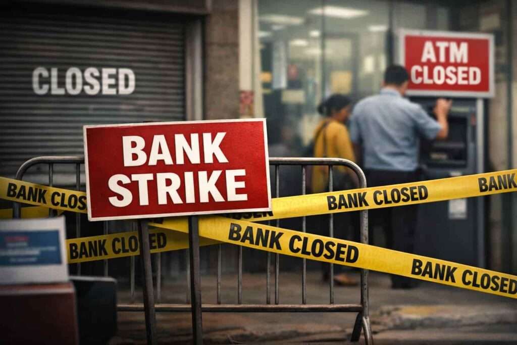 Bank branch closed during strike in India
