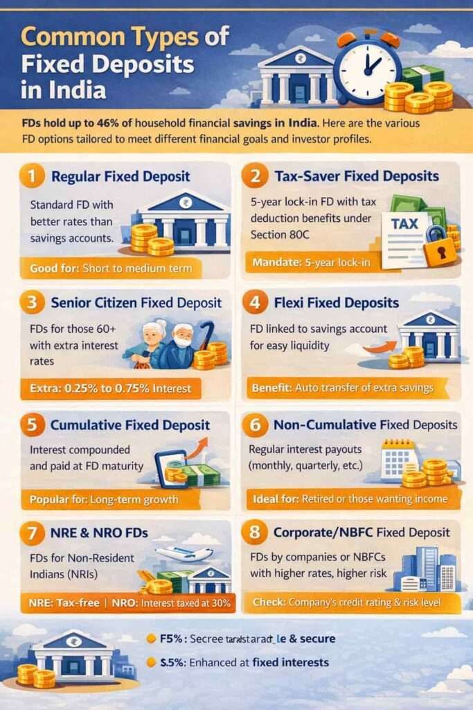 Infographic showing common types of fixed deposits in India including regular, tax saver, senior citizen, NRE NRO and corporate FDs