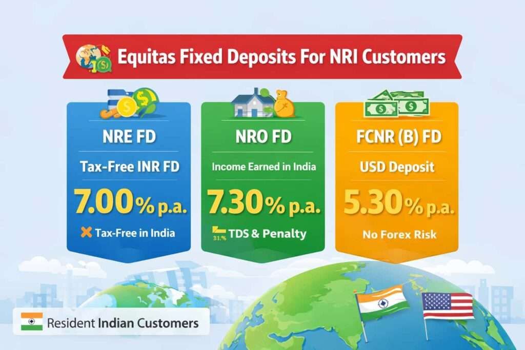 Equitas Bank NRI FD options NRE NRO FCNR infographic