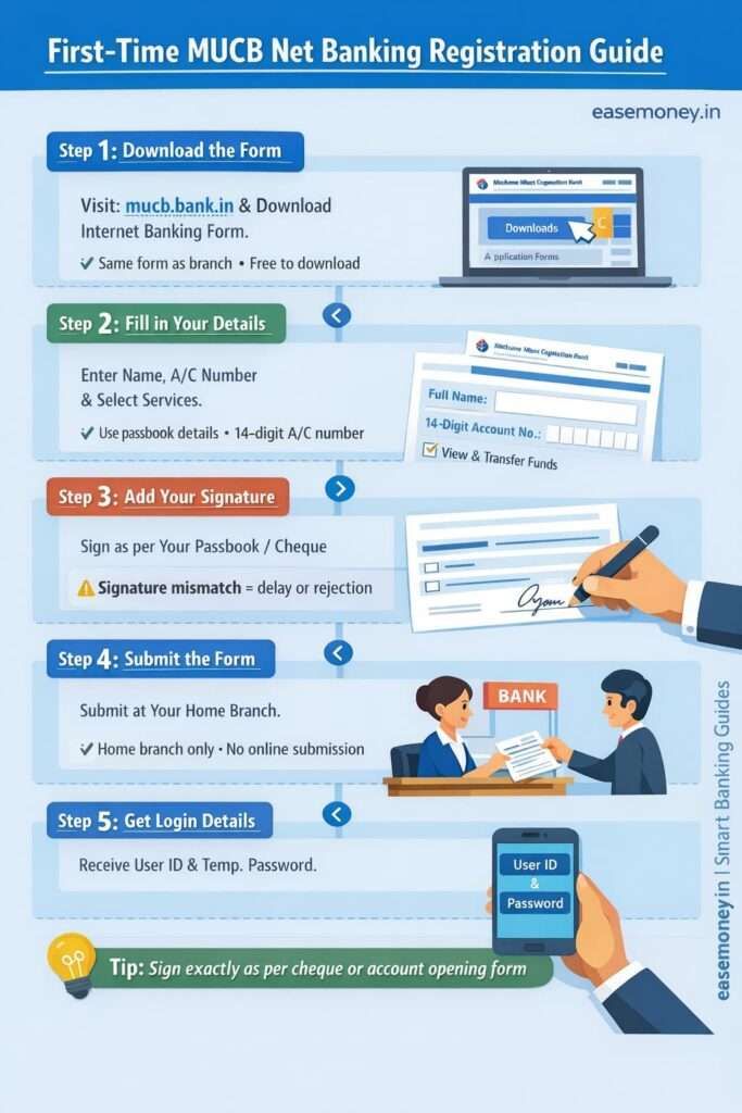 MUCB net banking registration steps infographic with form submission and activation process