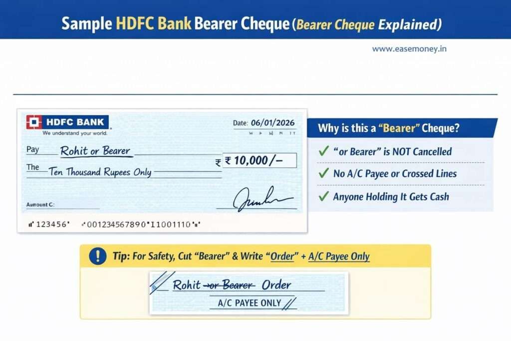 HDFC Bank bearer cheque sample showing cash withdrawal
