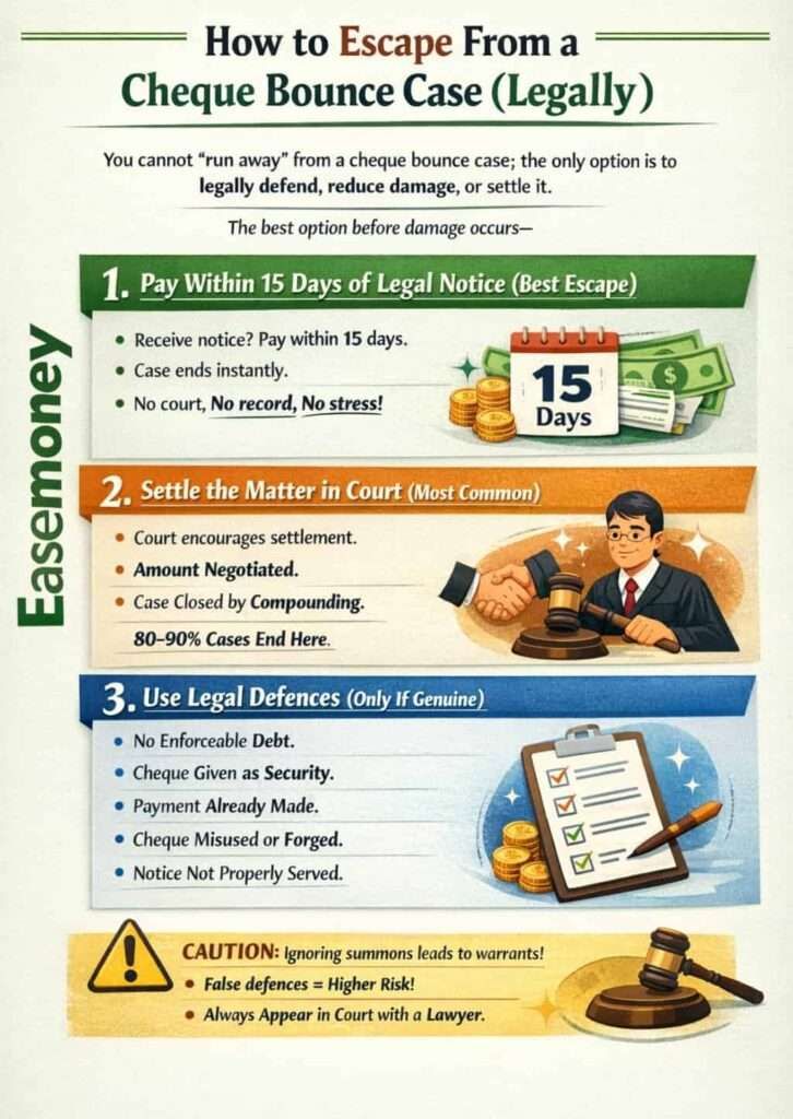 Cheque bounce case legal escape guide infographic