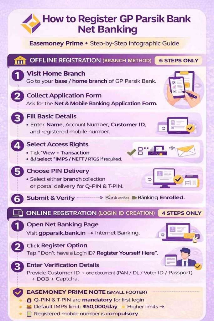 GP Parsik Bank net banking registration infographic with offline and online steps