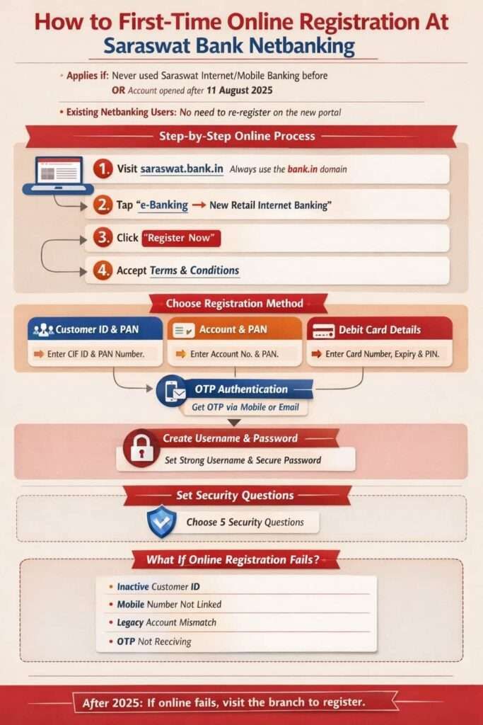 First-time Saraswat Bank Netbanking online registration step-by-step infographic