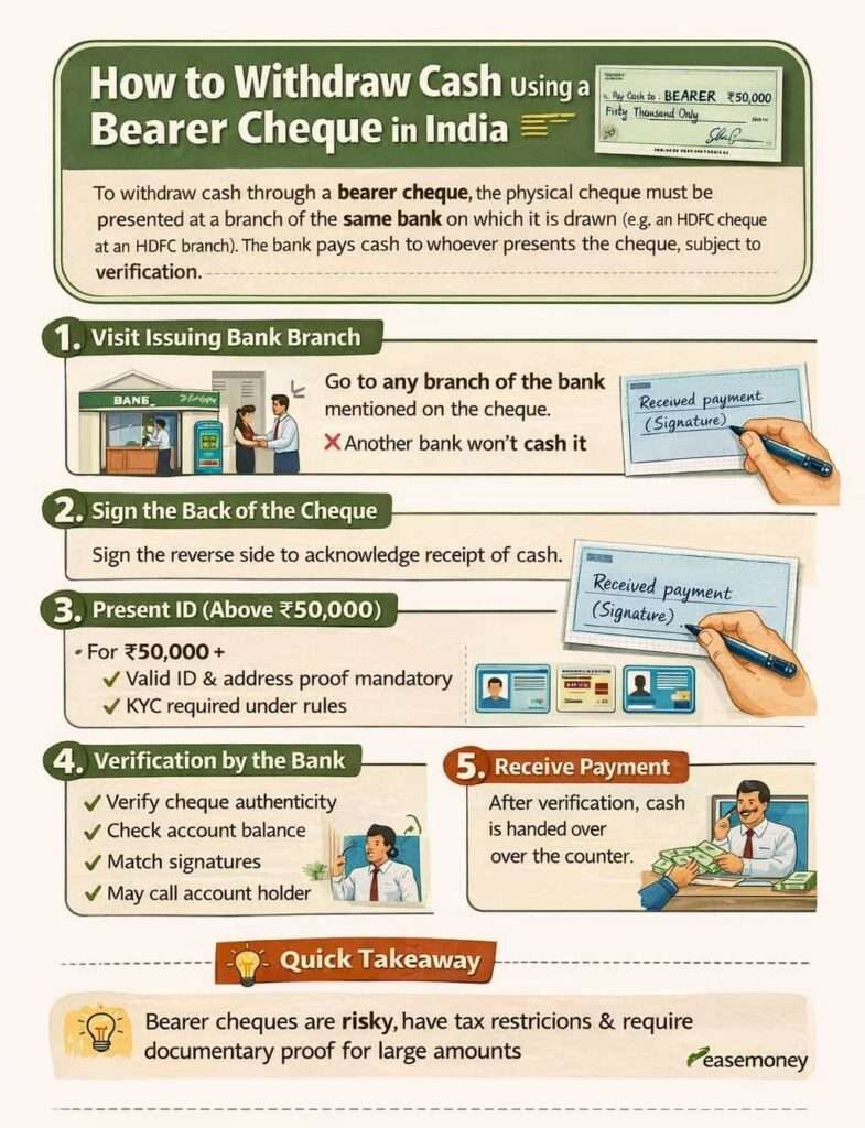 Step-by-step infographic on bearer cheque cash withdrawal process in India with KYC rules and key tips.