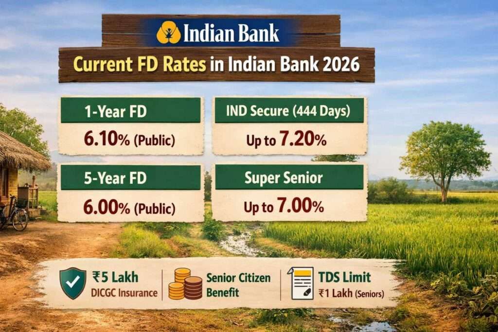 Indian Bank FD interest rates 2026 infographic with rural background