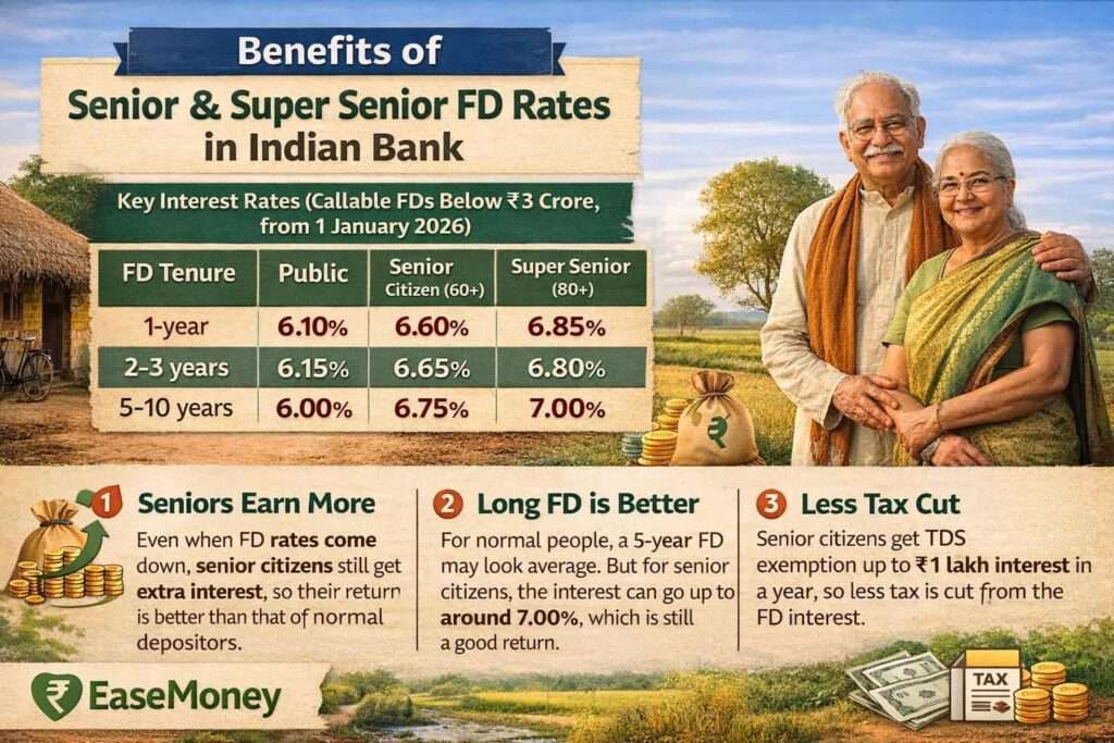 Indian Bank senior citizen FD benefits and interest rates infographic