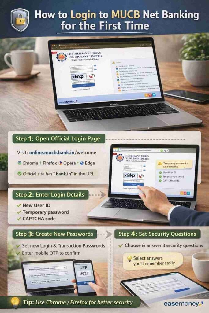 How to login to MUCB net banking first time step by step infographic