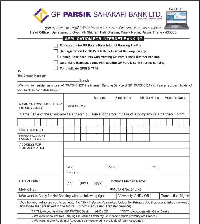 the sample of GP Parsik bank net banking application form sample