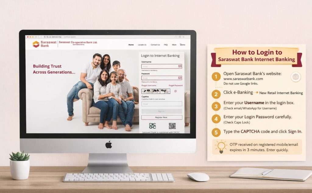 Saraswat Bank net banking login page on desktop with steps infographic