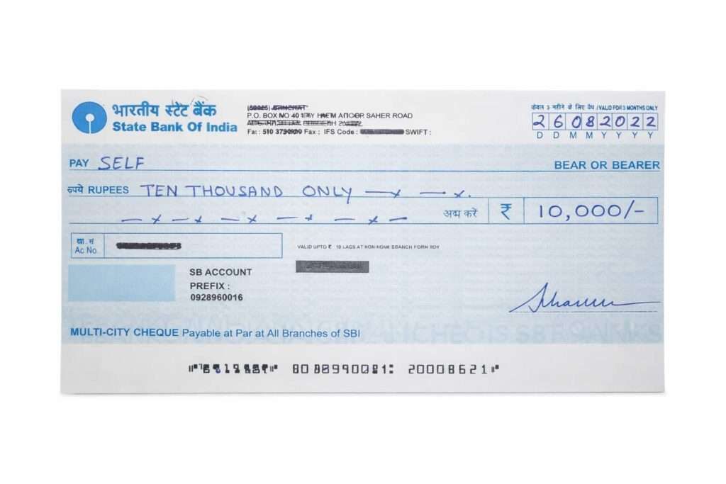 A self-cheque image sample for SBI bank