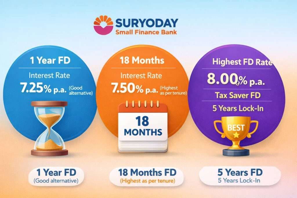 Suryoday Bank FD rates showing 1 year 7.25%, 18 months 7.50%, and 5 year 8.00% Tax Saver FD Infographic image