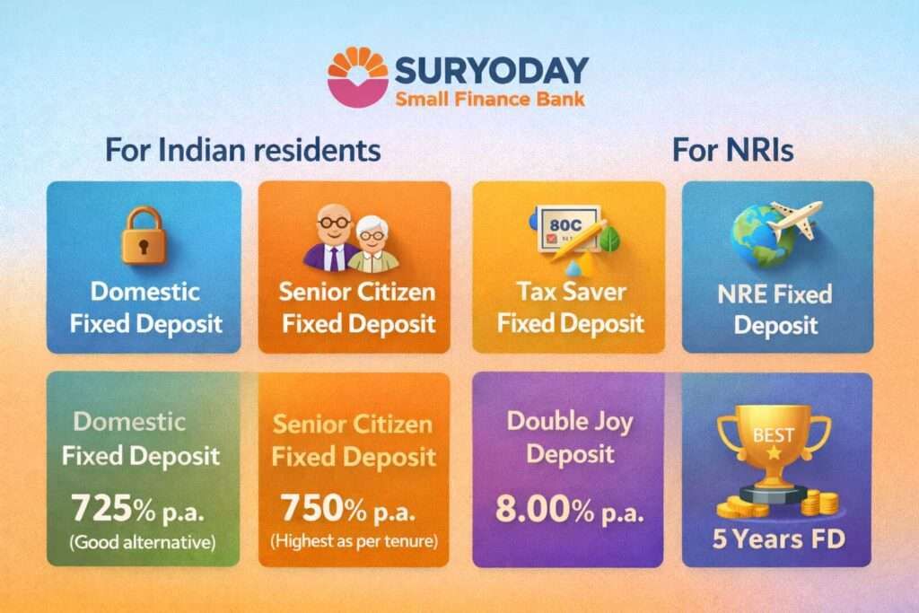 Suryoday Bank FD options showing domestic, senior citizen, tax saver, double joy, NRE and NRO fixed deposits