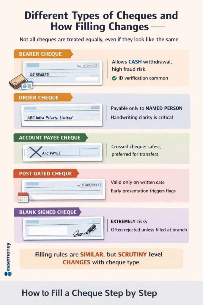 Bearer, order, account payee and post-dated cheque filling infographic guide image