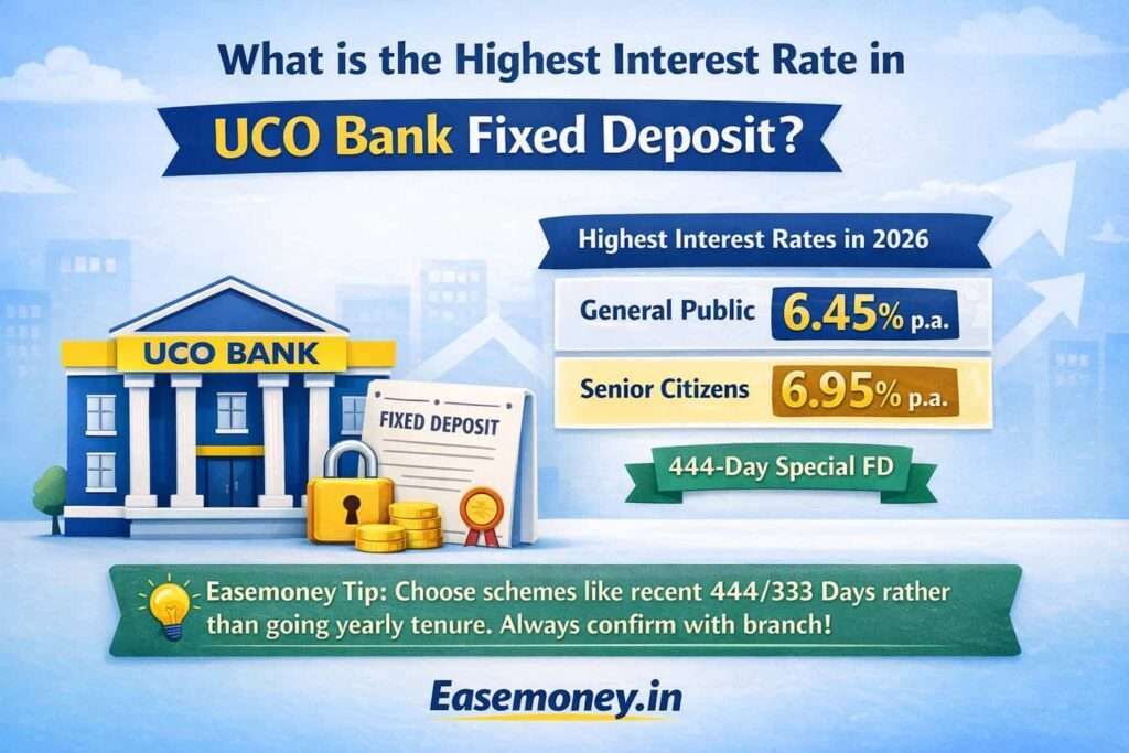UCO Bank fixed deposit highest interest rate showing 6.45% for general public and 6.95% for senior citizens on 444-day FD