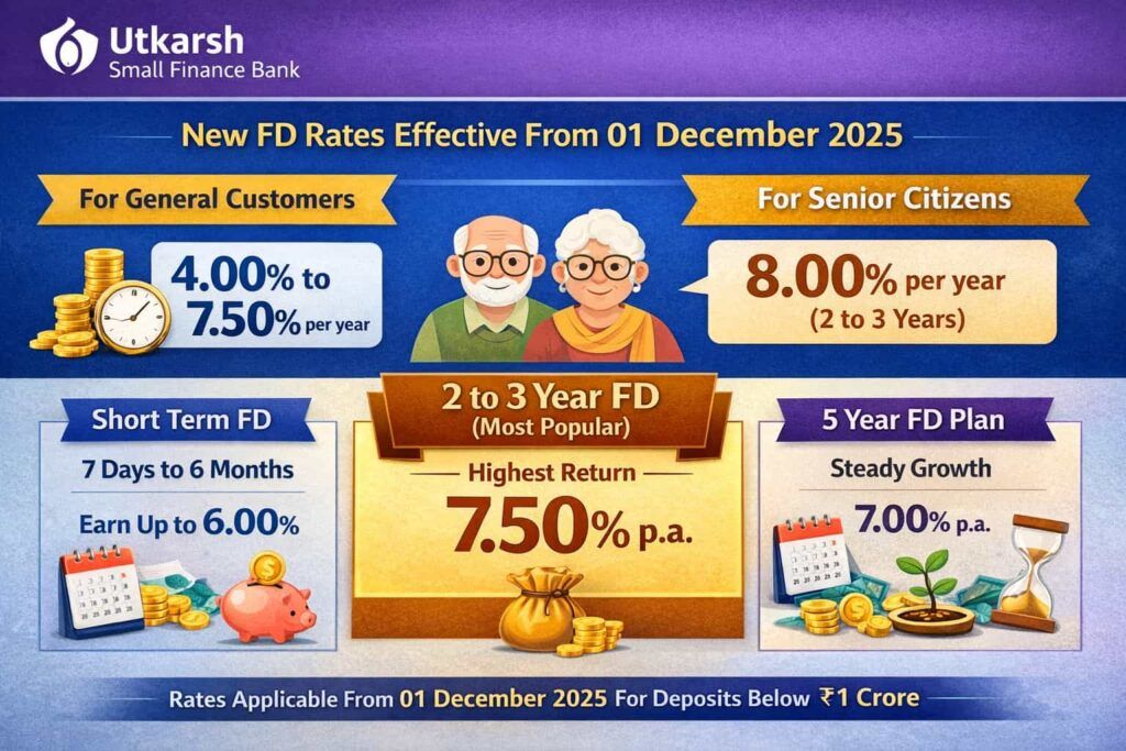 Utkarsh Small Finance Bank FD interest rates showing 2 to 3 year highest returns