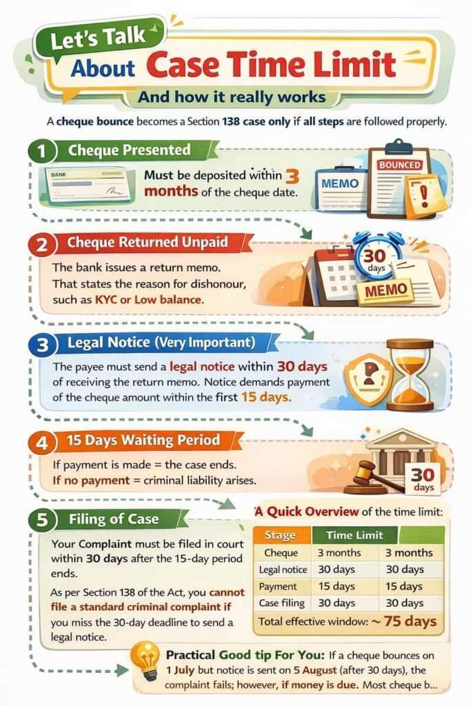 Cheque bounce case time limit infographic – Section 138 India