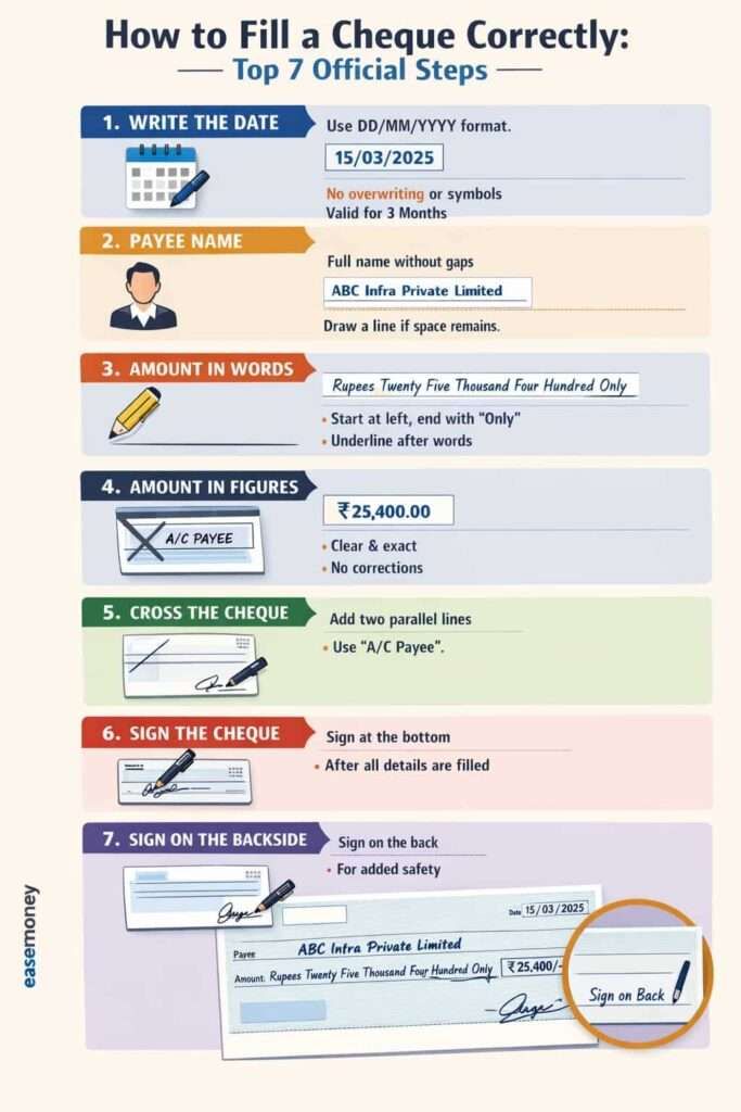 Infographic guide for how to fill up a cheque in india in 7 steps