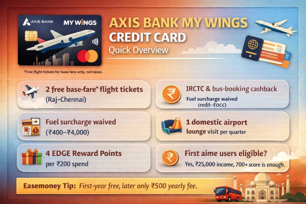 Axis Bank My Wings Credit Card infographic showing free flight tickets, travel cashback, lounge access, fuel surcharge waiver, and reward points for Indian travellers.