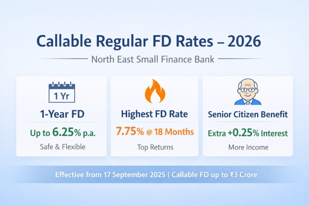 Callable regular FD showing 1-year rate, highest FD interest, and senior citizen benefit at North East Small Finance Bank infographic