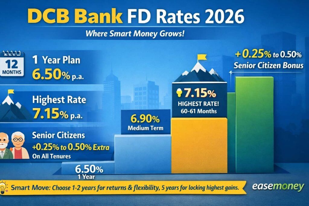 DCB Bank fixed deposit rates showing 1 year plan, highest interest slab, and senior citizen extra benefit 