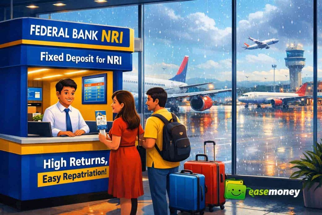 Federal Bank NRI FD counter at airport with airplanes outside and Easemoney branding