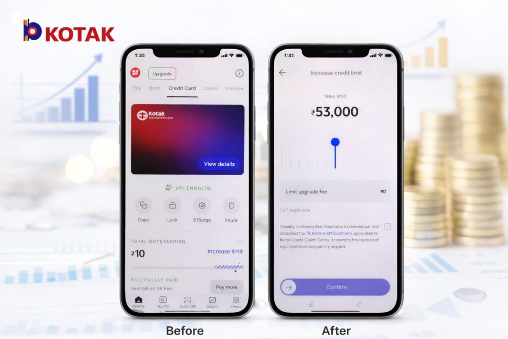 Kotak 811 mobile app showing credit card limit increase from ₹15,000 to ₹53,000 before and after upgrade on phone screen