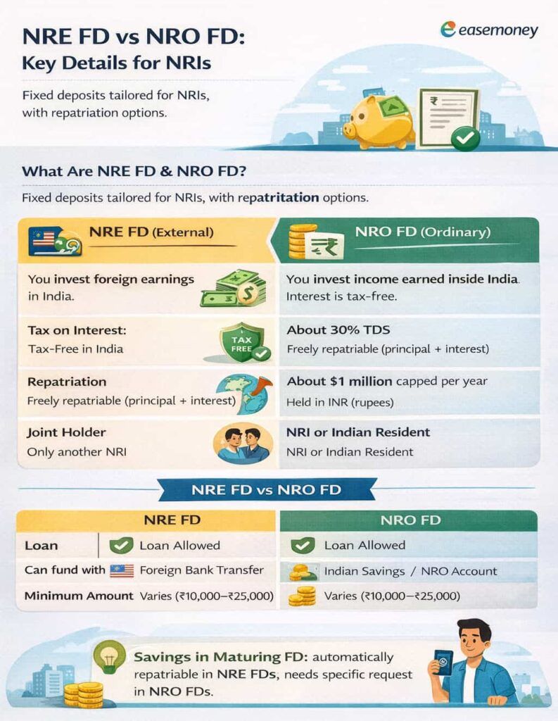 Infographic explaining NRE fixed deposit and NRO fixed deposit differences, tax treatment and repatriation rules in India