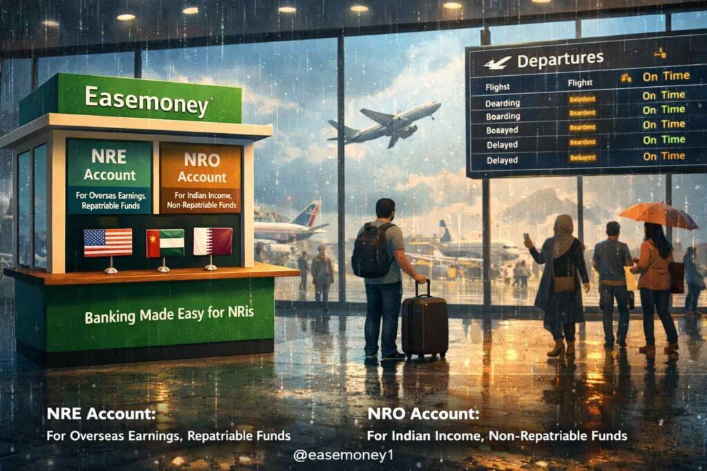 Airport kiosk explaining NRE vs NRO account for NRIs abroad and India