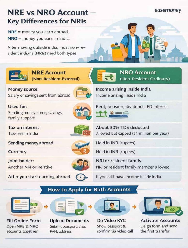 Infographic comparing NRE and NRO accounts, tax, money source and transfer rules for NRIs