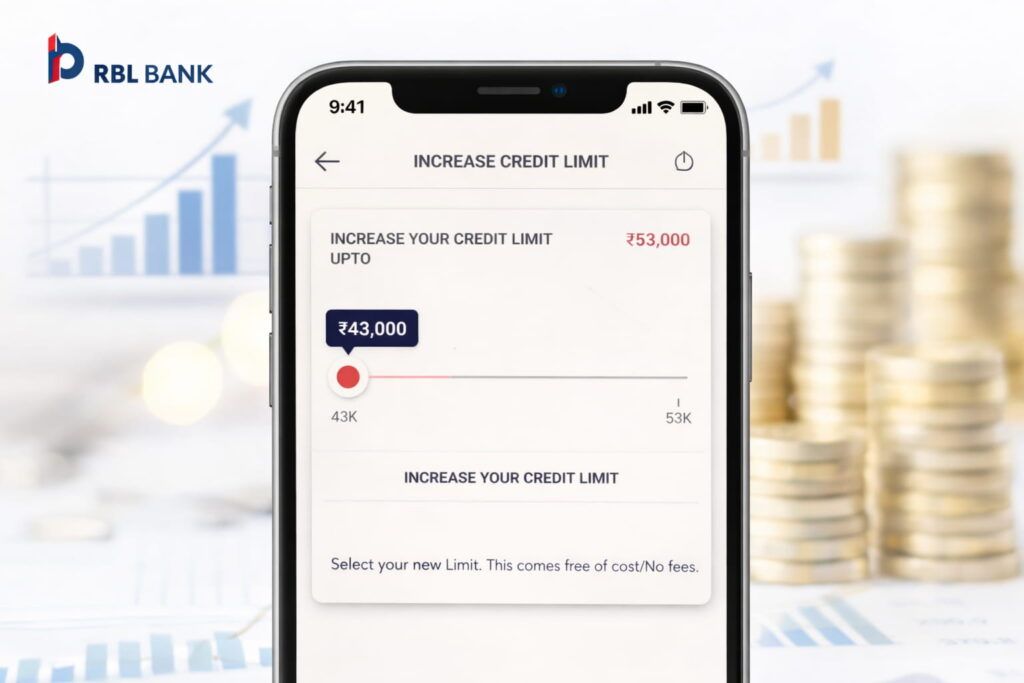 RBL Bank MyCard app screen showing credit card limit increase option on mobile phone