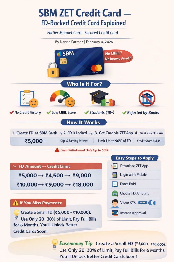 SBM ZET Credit Card infographic showing FD-backed secured card, eligibility, benefits and credit-building process