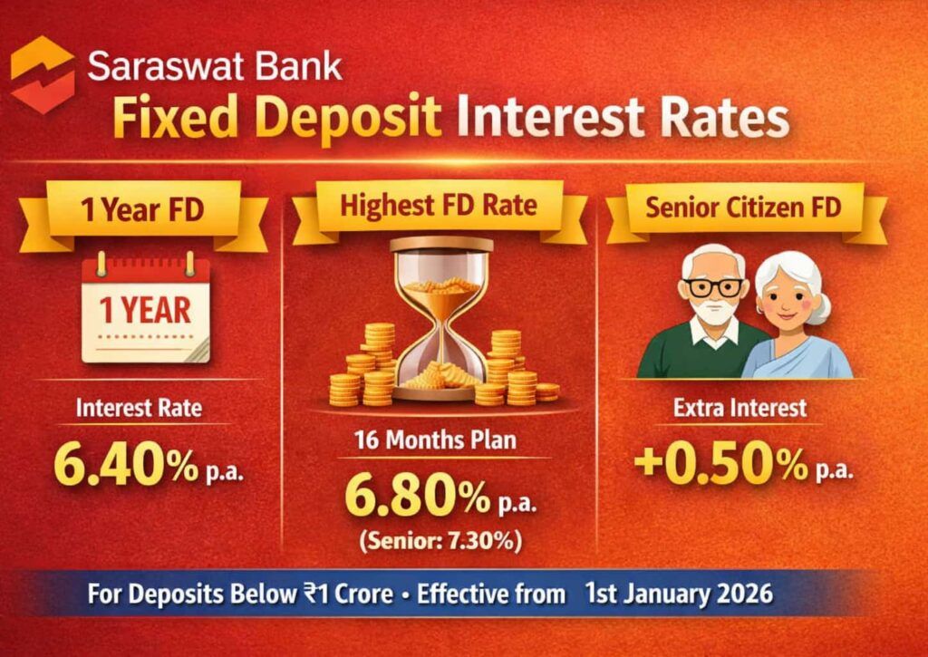 Saraswat Bank fixed deposit interest rates for regular and senior citizens