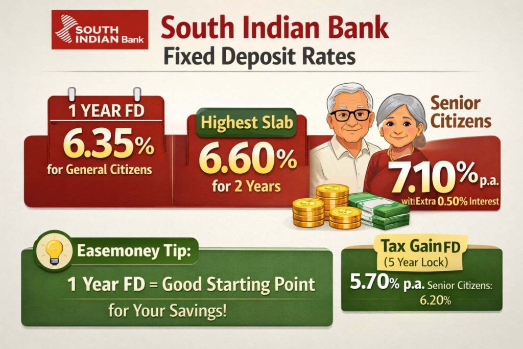 South Indian Bank FD rates showing 1 year rate, highest 2 year slab, senior citizen benefit and tax saving FD