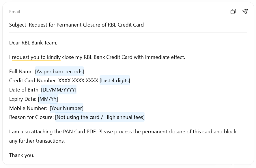 written email for closing the RBL credit card