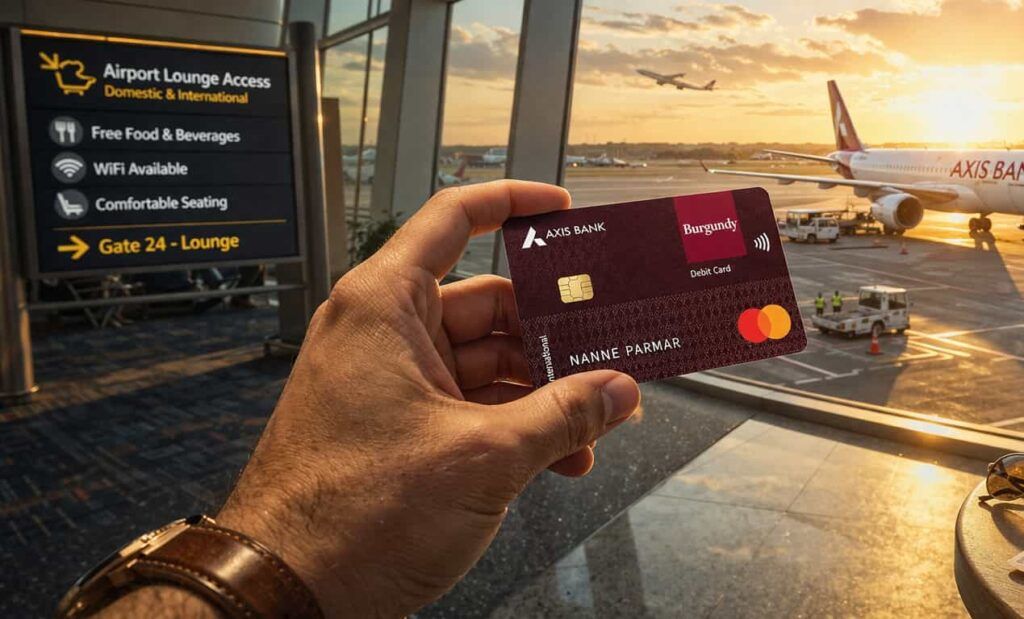 Axis Bank debit card lounge access at airport terminal travel scene