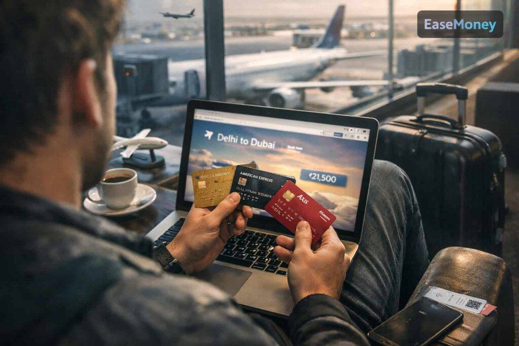 best credit card for flight booking india airport lounge scene