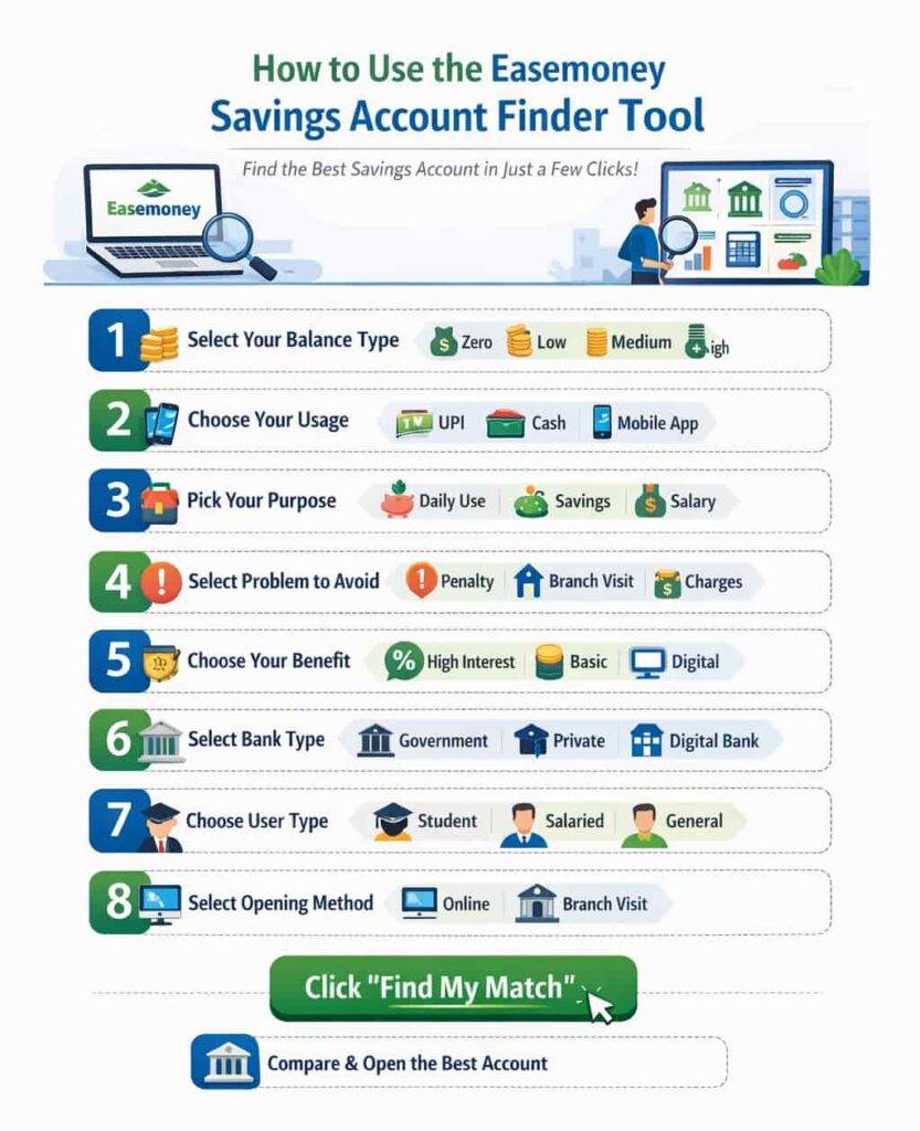 How to use Easemoney savings account finder tool step-by-step infographic with balance, usage, and bank selection process