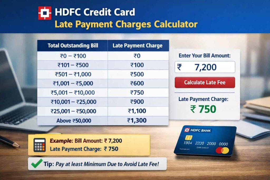 HDFC credit card late payment charges calculator showing late fee slabs and bill amount calculation example